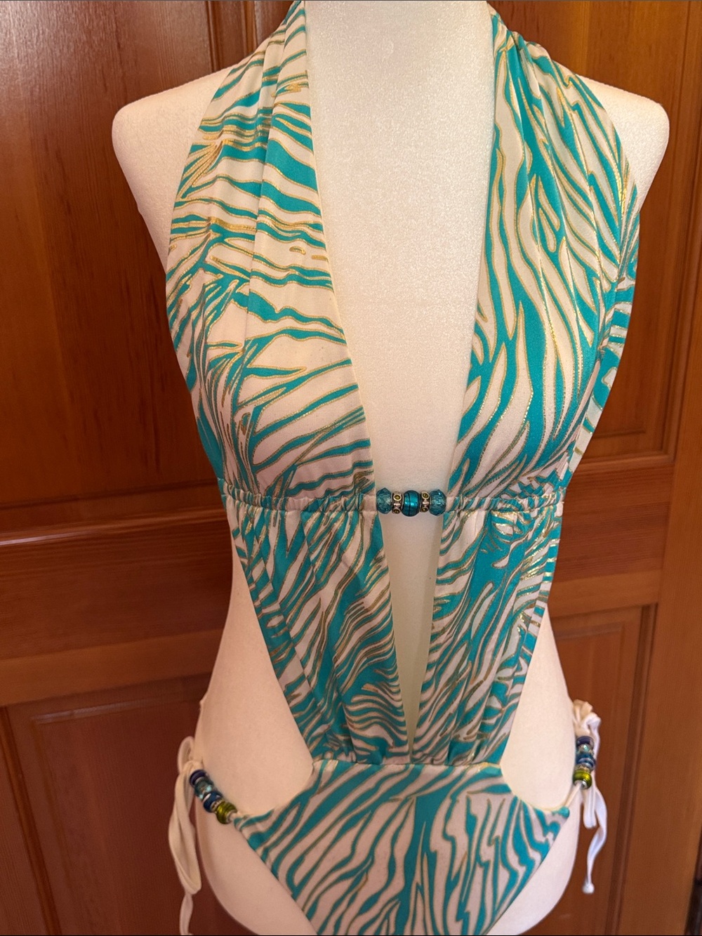 Teal and Cream Zebra-Print One-Piece Swimsuit